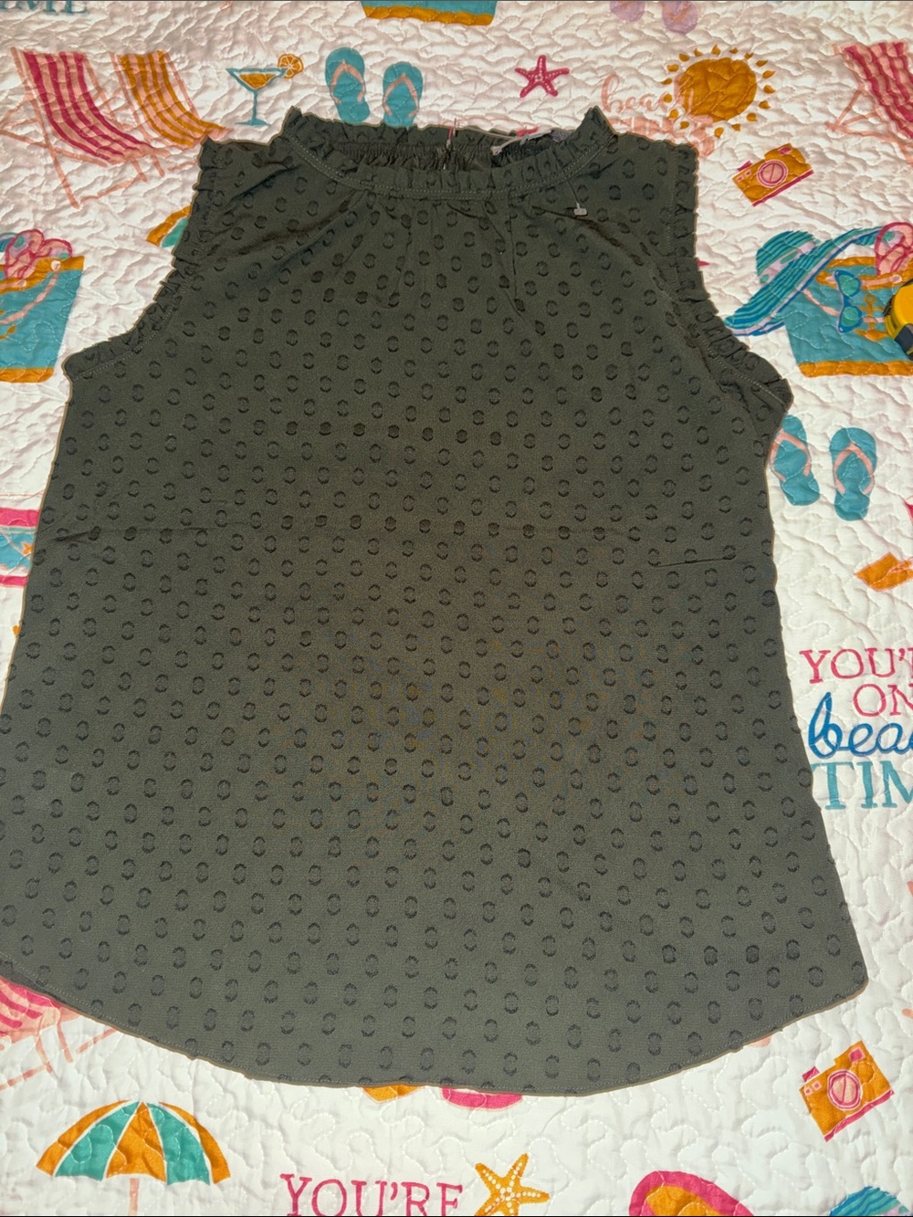 NWOT Ruffled High-Neck Textured Tank Top - Olive Green
